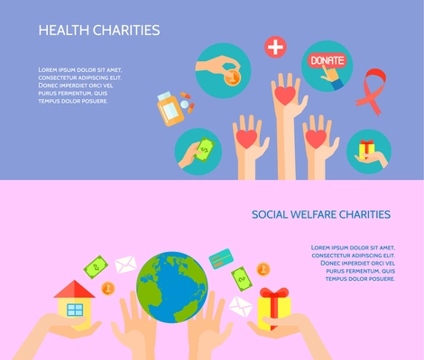 Health and social welfare charities site for donations 2 flat horizontal banners homepage abstract isolated vector illustration