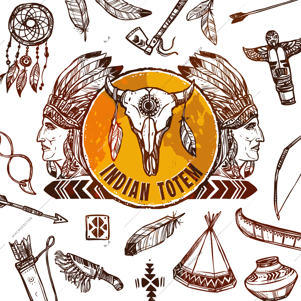 Native americans background with sketch indian chief profile vector illustration
