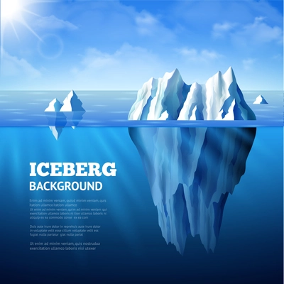 North sea poster with icebergs and sun on blue sky background vector illustration