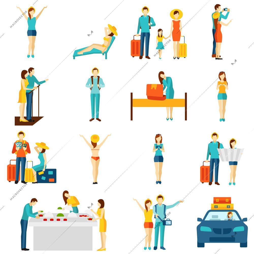 International vacation travelling flat icons set with taxi sightseeing and selfie making tourists abstract isolated vector illustration