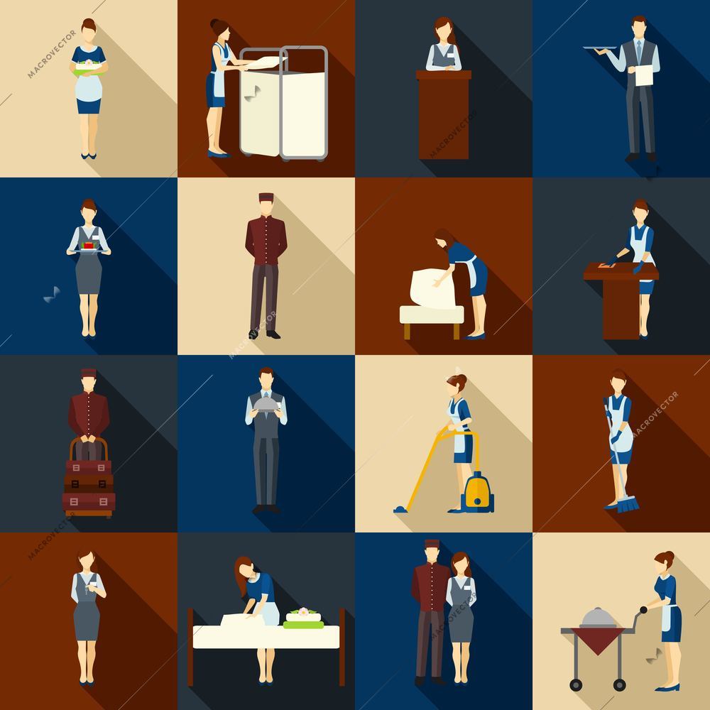 Hotel staff icons set with waiter receptionist and doorman silhouettes isolated vector illustration