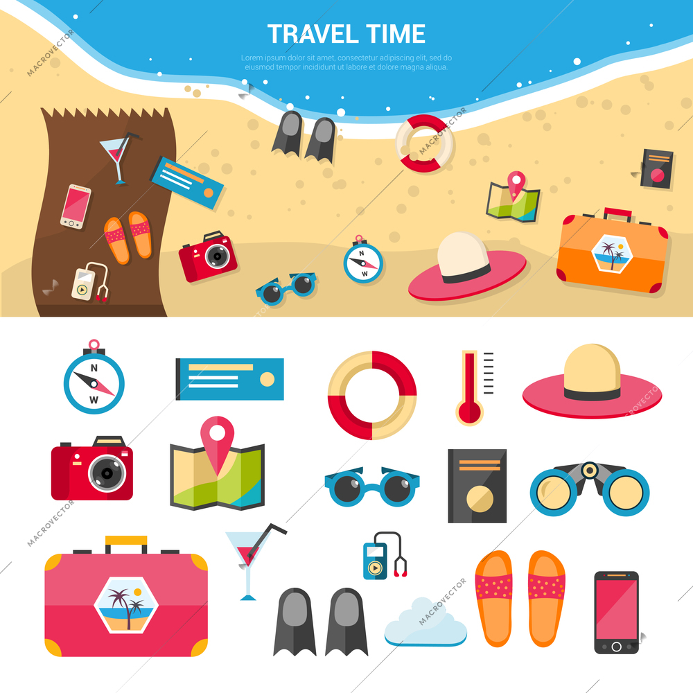 Summer vacation and sea resort travel concept with flat icons set isolated vector illustration