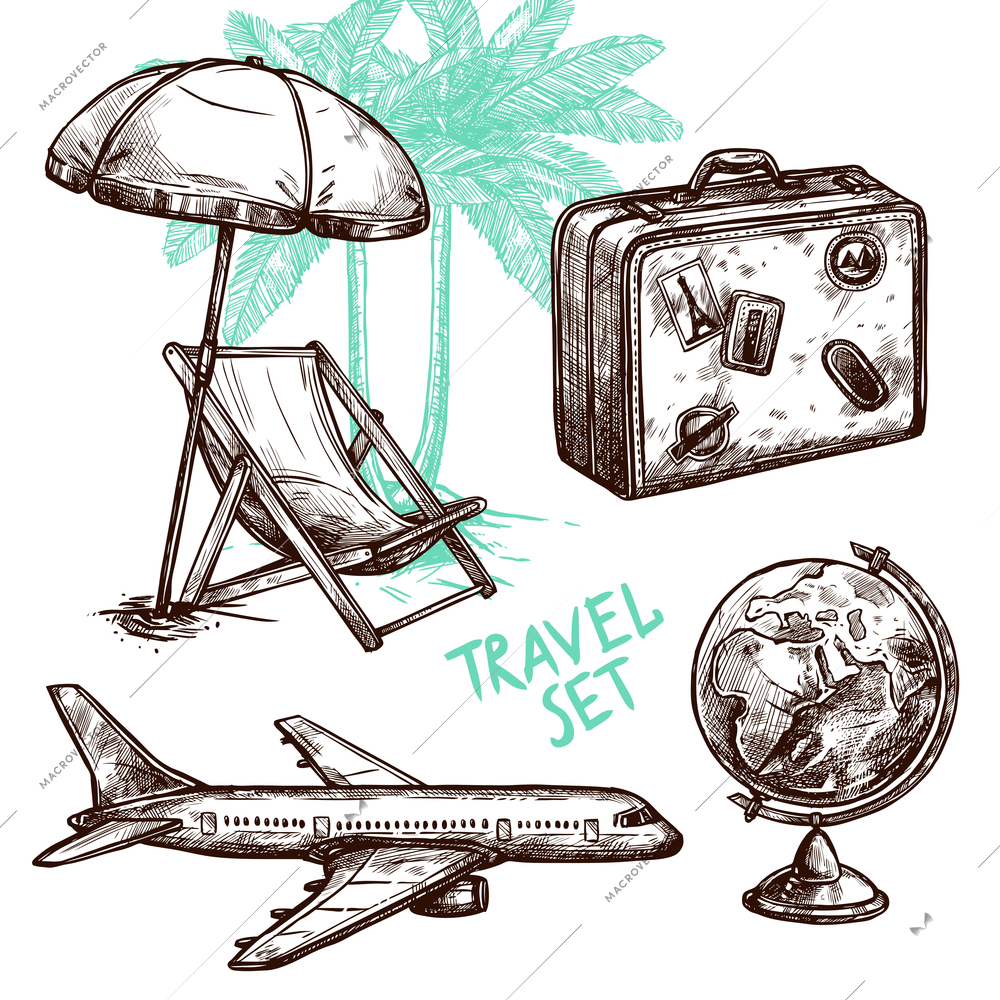 Travel symbol suitcase globe plane and sunbed under palm sketch decorative icon set isolated vector illustration