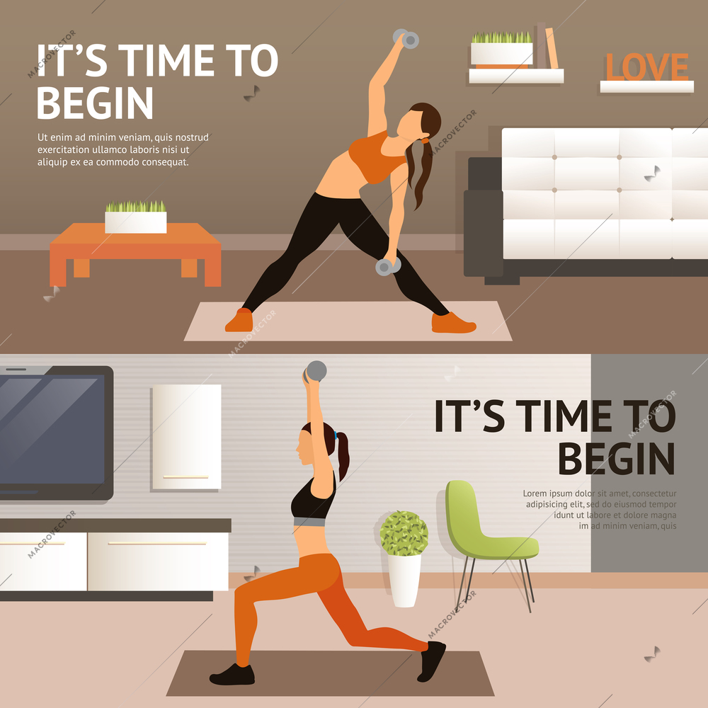 Woman home fitness workout horizontal banner set isolated vector illustration