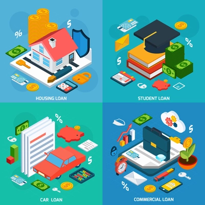 Loans design concept set with housing student and car investment isometric icons isolated vector illustration