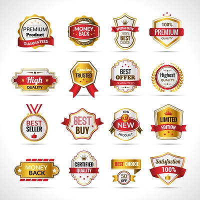 Luxury labels best price gold and red set isolated vector illustration