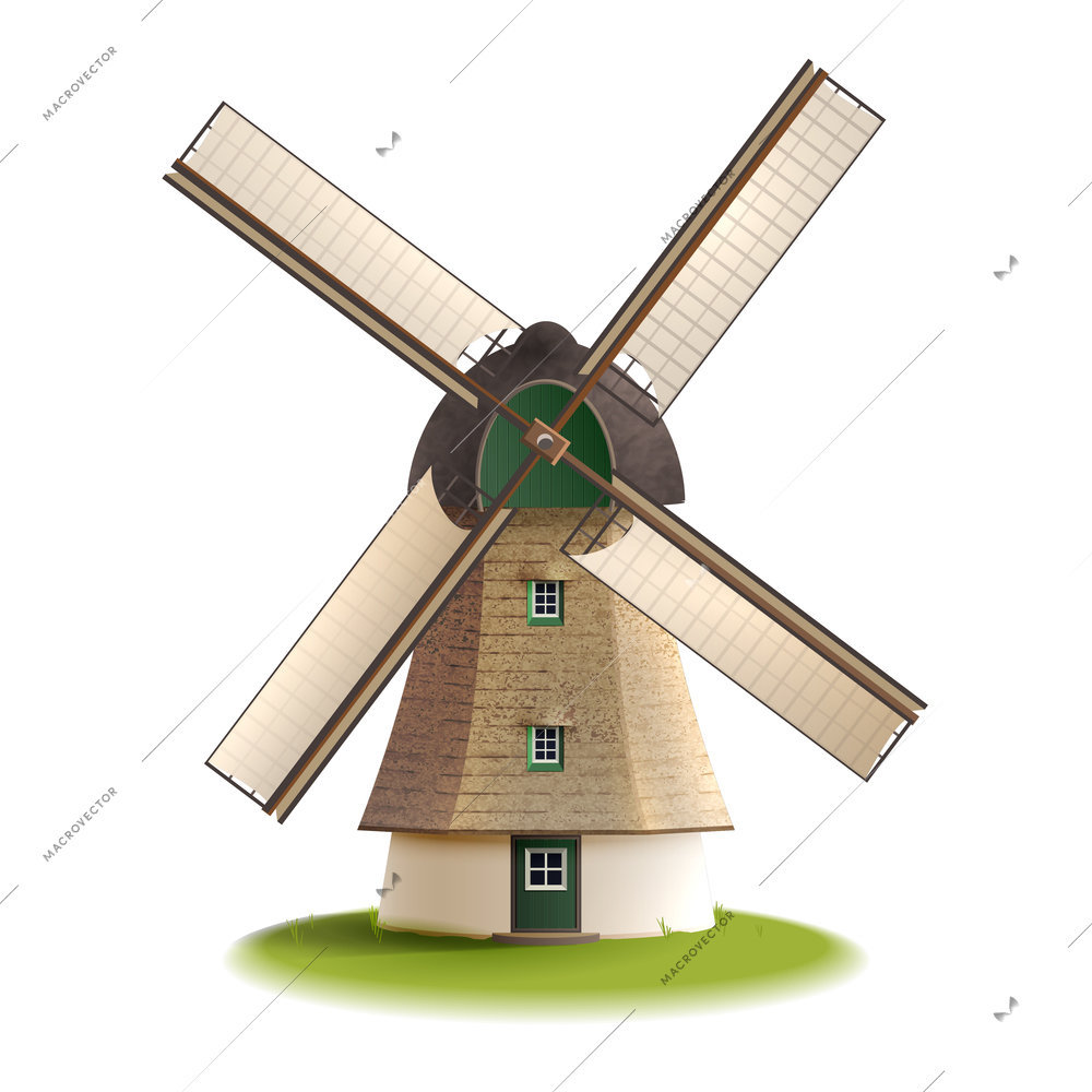 Traditional old windmill building single object color painted concept isolated vector illustration