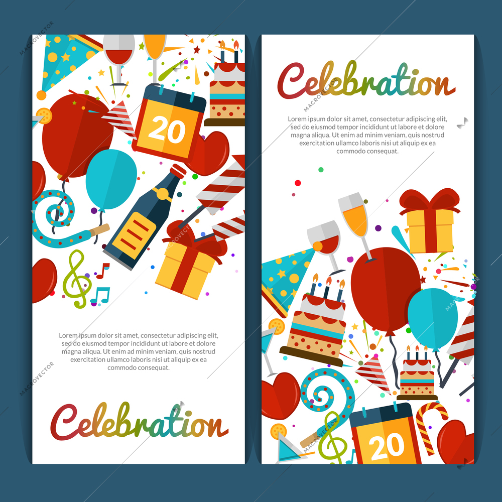 Celebration vertical banners set with party symbols isolated vector illustration