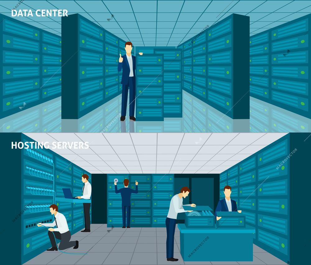 Datacenter horizontal banner set with hosting servers elements isolated vector illustration