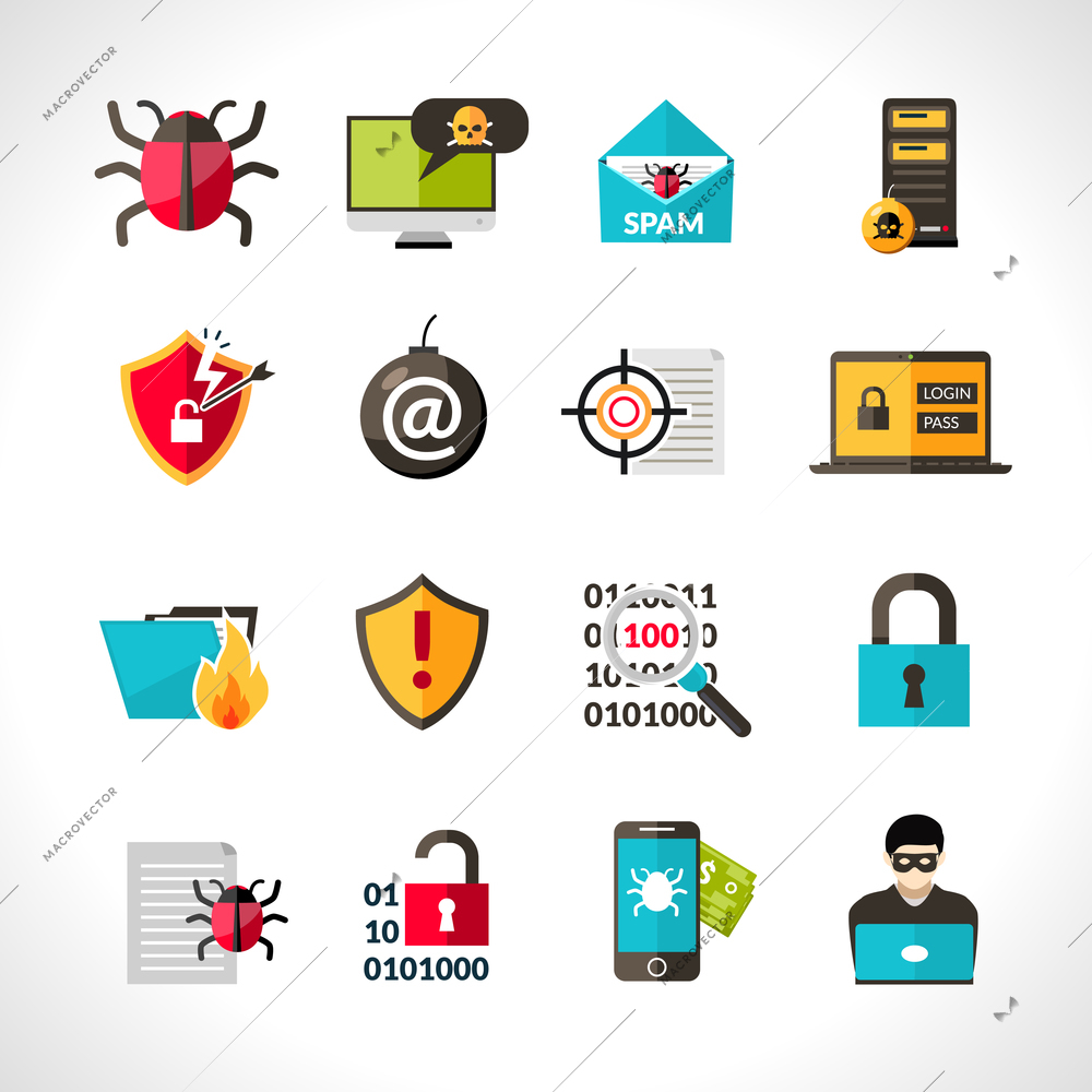 Cyber virus hacking protection and security icons set isolated vector illustration