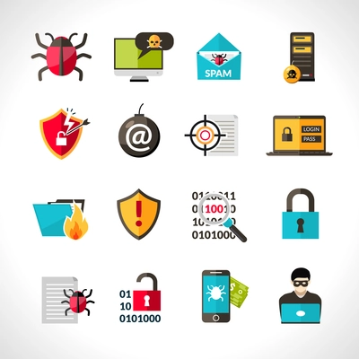 Cyber virus hacking protection and security icons set isolated vector illustration