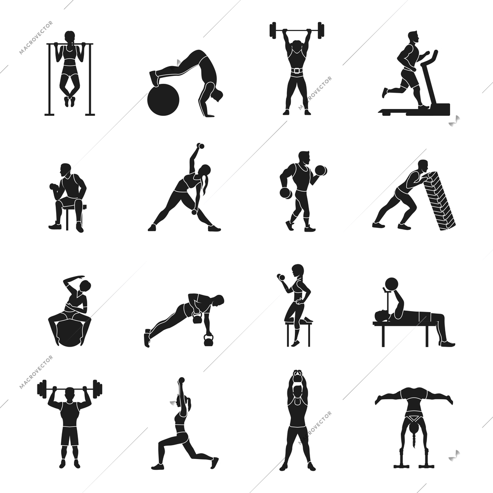 Sport strength workout black and white icons set isolated vector illustration