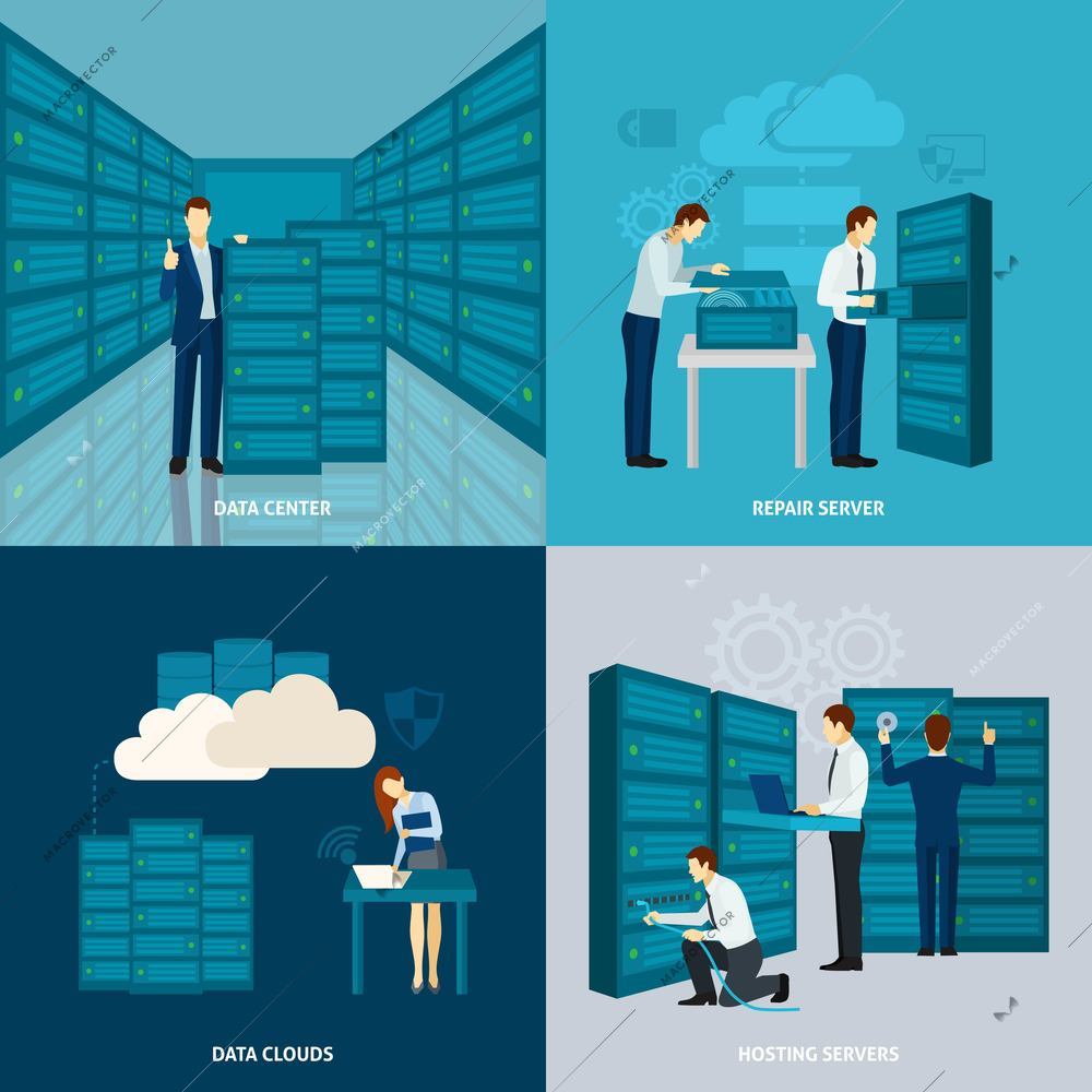 Data center design concept set with hosting servers flat icons isolated vector illustration