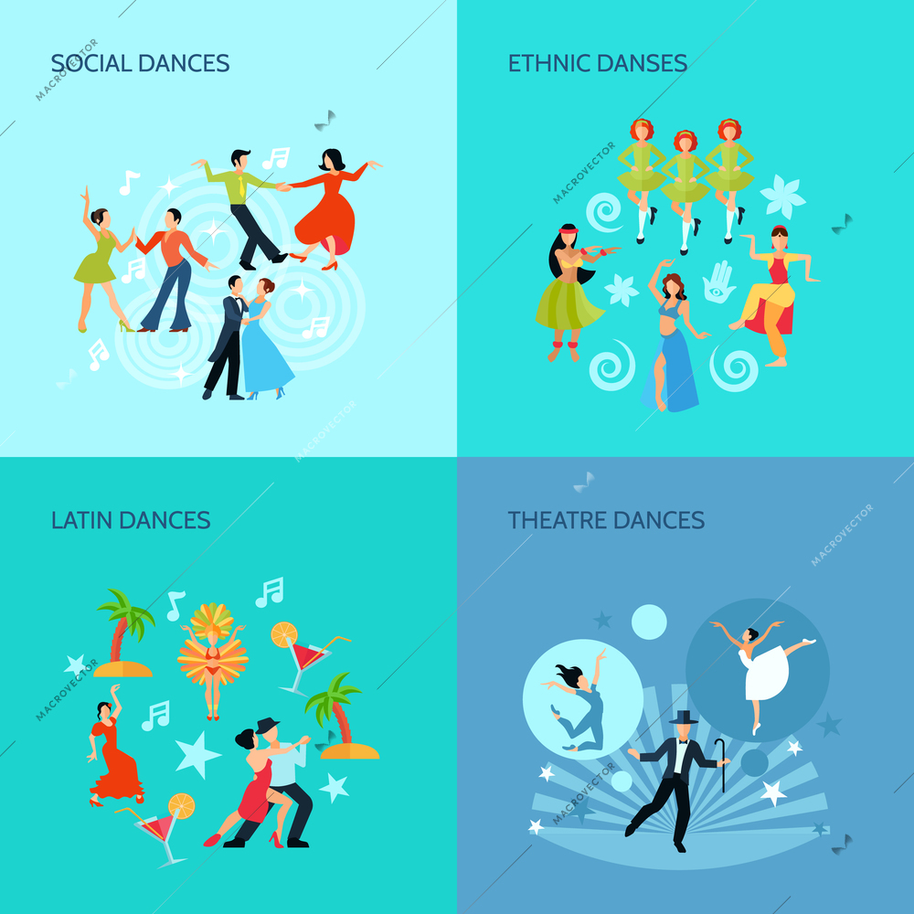 Social ethnic latin and theatre dances flat style 4 posters concept isolated vector illustration