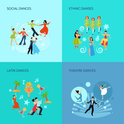 Social ethnic latin and theatre dances flat style 4 posters concept isolated vector illustration