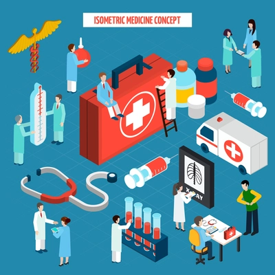 Medical research healthcare and emergency concept with stethoscope tests results isometric pictograms composition poster abstract vector illustration