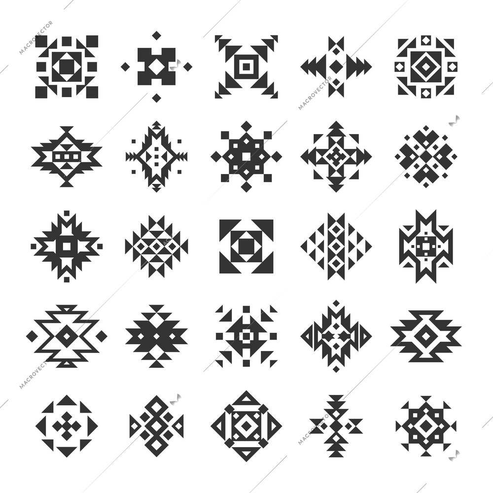 Ethnic or tribal style black and white geometry flat elements set isolated vector illustration