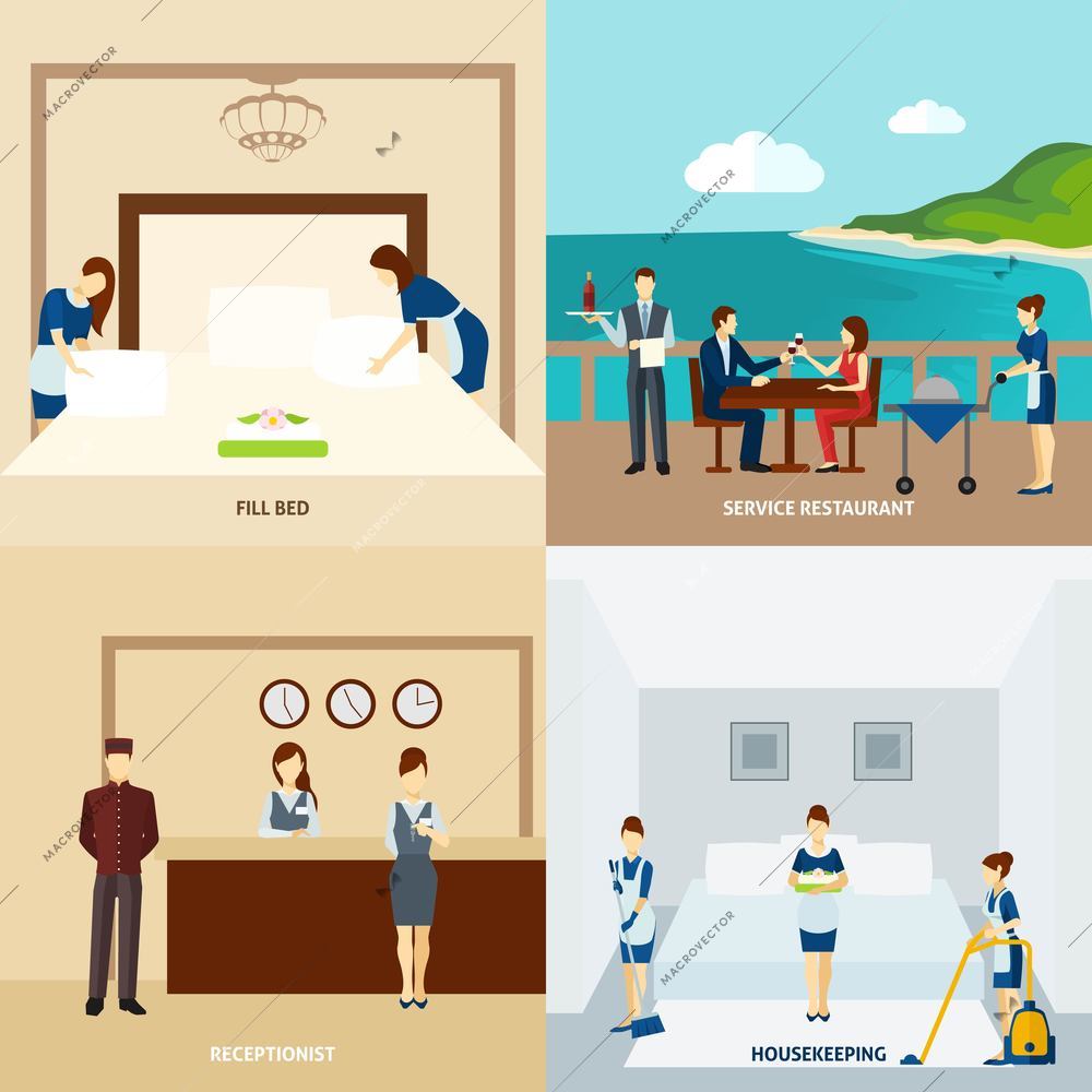 Hotel staff design concept set with restaurant service and housekeeping icons isolated vector illustration