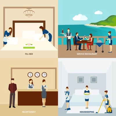 Hotel staff design concept set with restaurant service and housekeeping icons isolated vector illustration