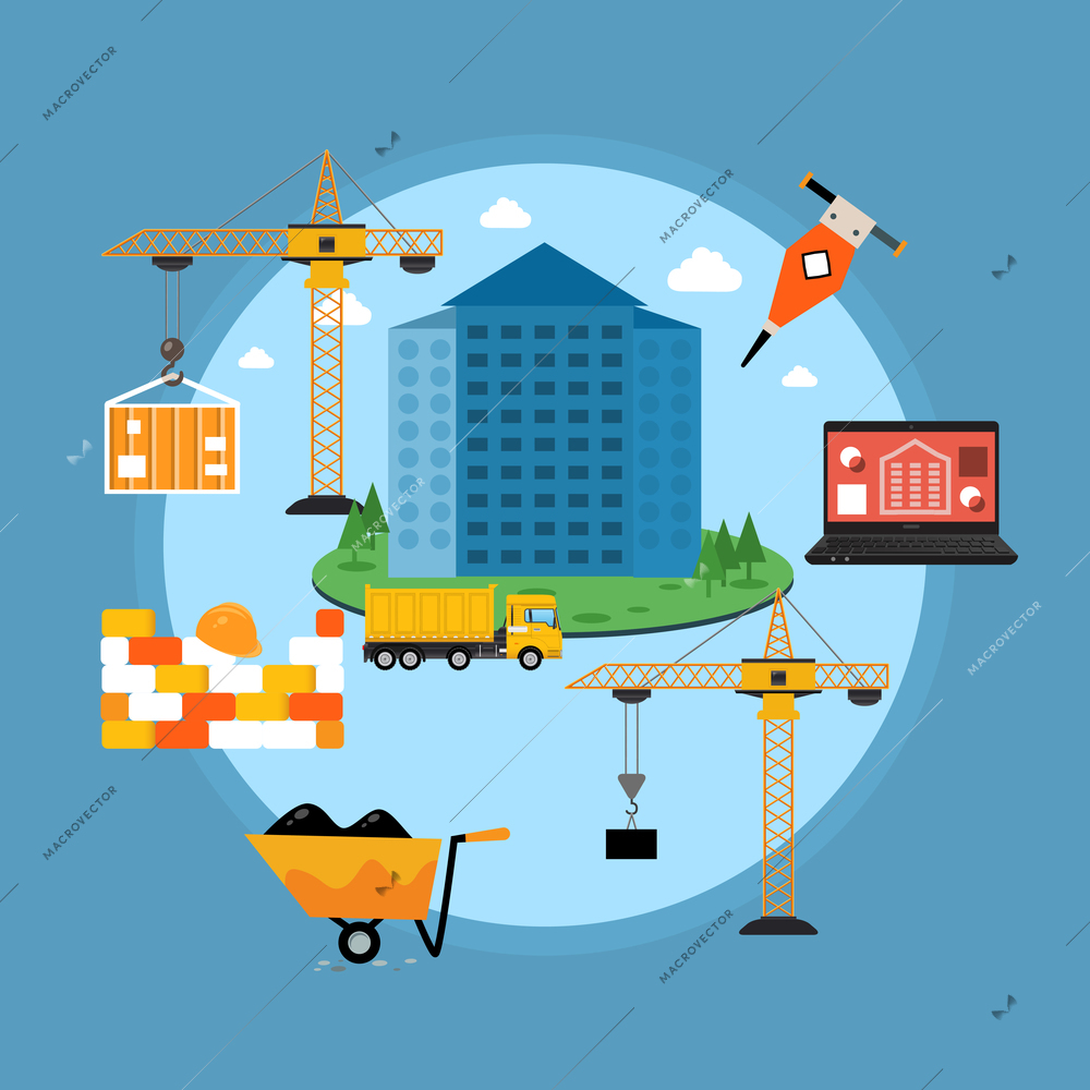 House construction concept with industrial crane wheelbarrow and jack-hammer vector illustration