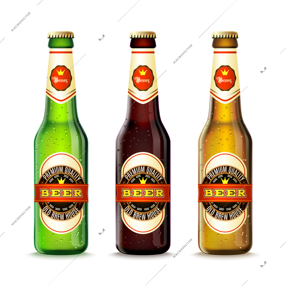 Realistic green and brown beer bottles set isolated vector illustration