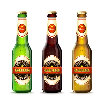 Realistic green and brown beer bottles set isolated vector illustration