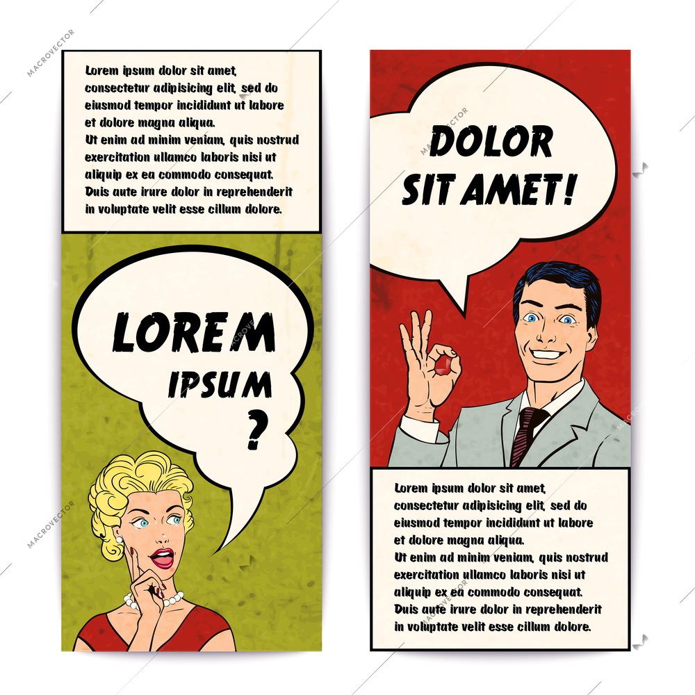 Comics man and woman with message bubble and text color vintage vertical banner set isolated vector illustration