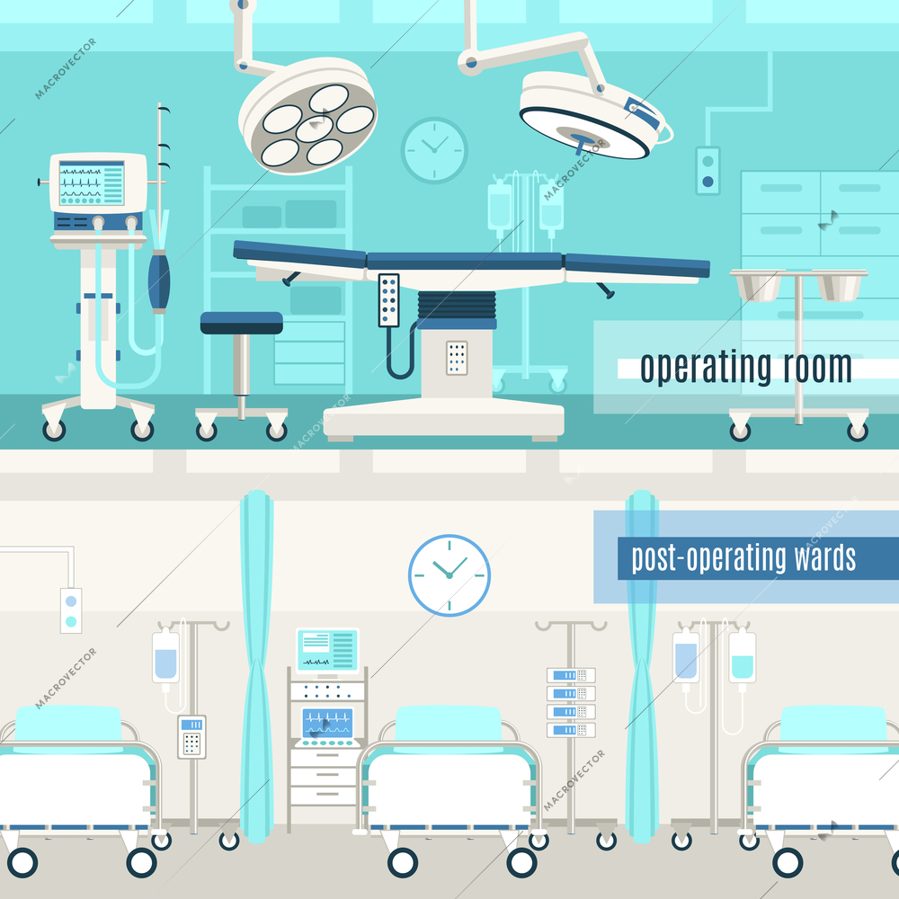 Medical hospital surgery operation room and post-operation ward concept  2 horizontal banners set abstract isolated vector illustration