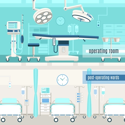 Medical hospital surgery operation room and post-operation ward concept  2 horizontal banners set abstract isolated vector illustration