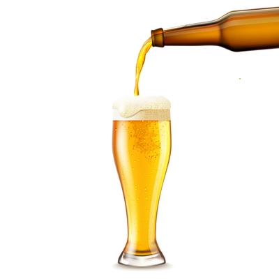 Beer pouring from dark bottle to glass realistic vector illustration