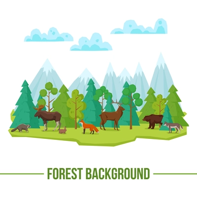 Forest landscape poster with wild animals and mountains on background vector illustration