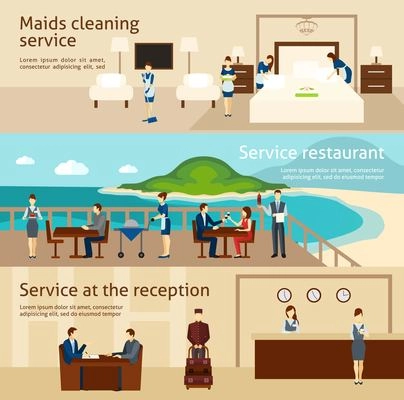 Hotel staff horizontal banner set with maids cleaning service elements isolated vector illustration