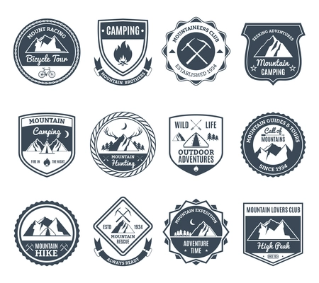 Mountain adventure and wild nature exploration emblems black set isolated vector illustration