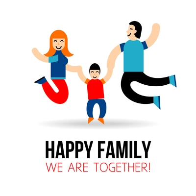 Happy family concept with jumping parents and son silhouettes vector illustration