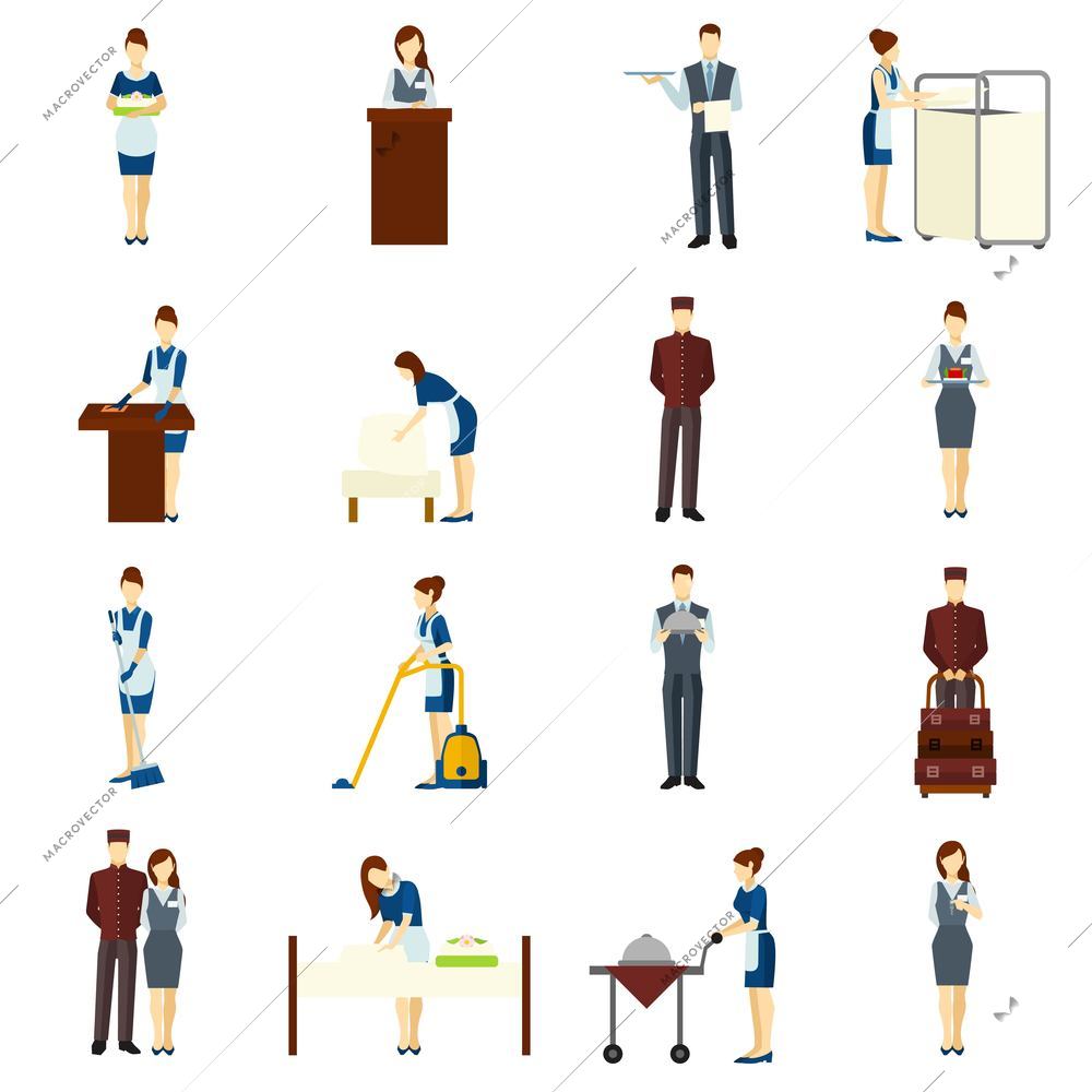 Hotel staff flat icons set with maid and waiter characters isolated vector illustration