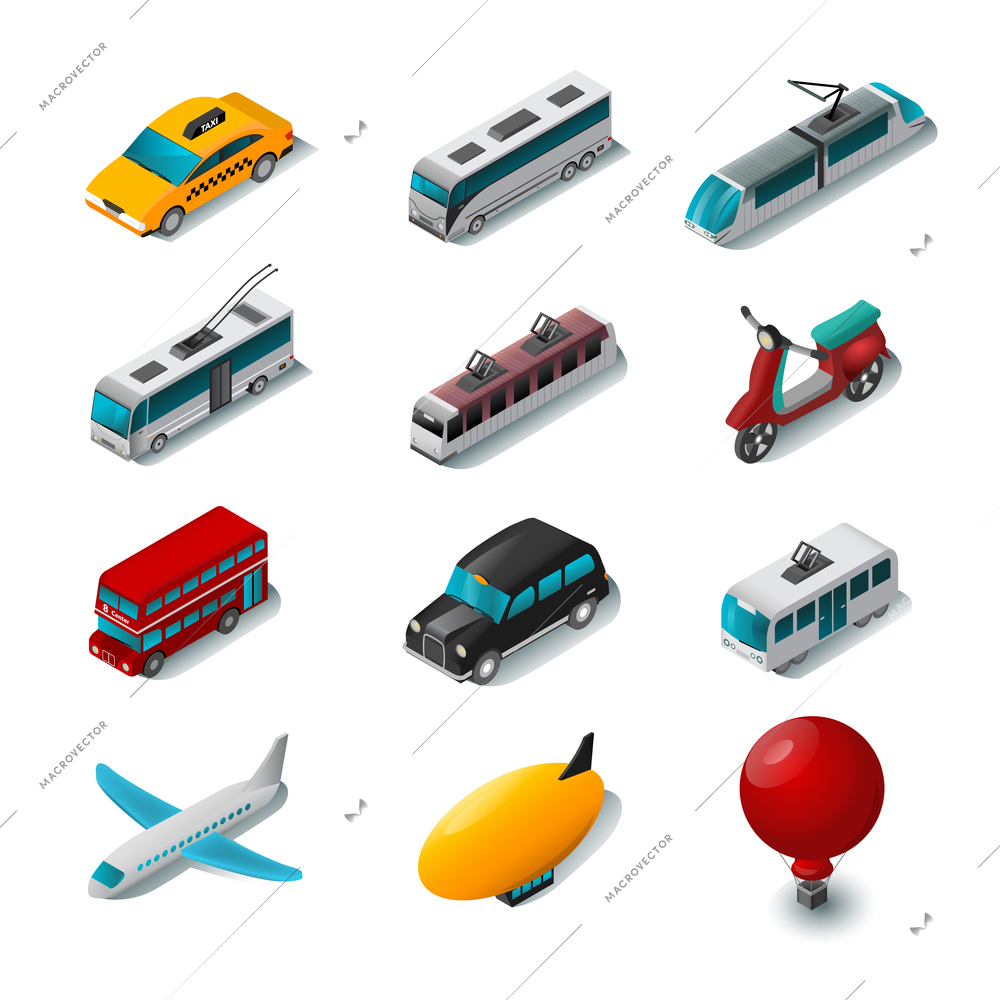 Public transport isometric icons set with cartoon scooter tram and taxi car isolated vector illustration