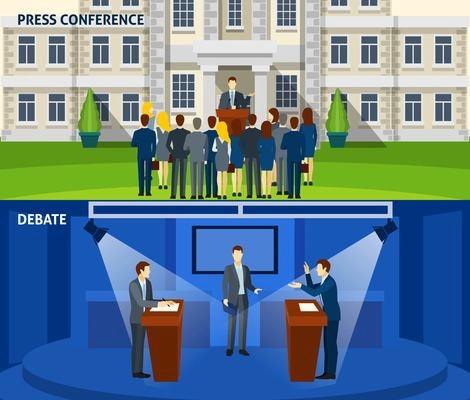 Political  party leader press conference and  presidential election debate 2 flat banners set abstract isolated vector illustration. Editable EPS and Render in JPG format