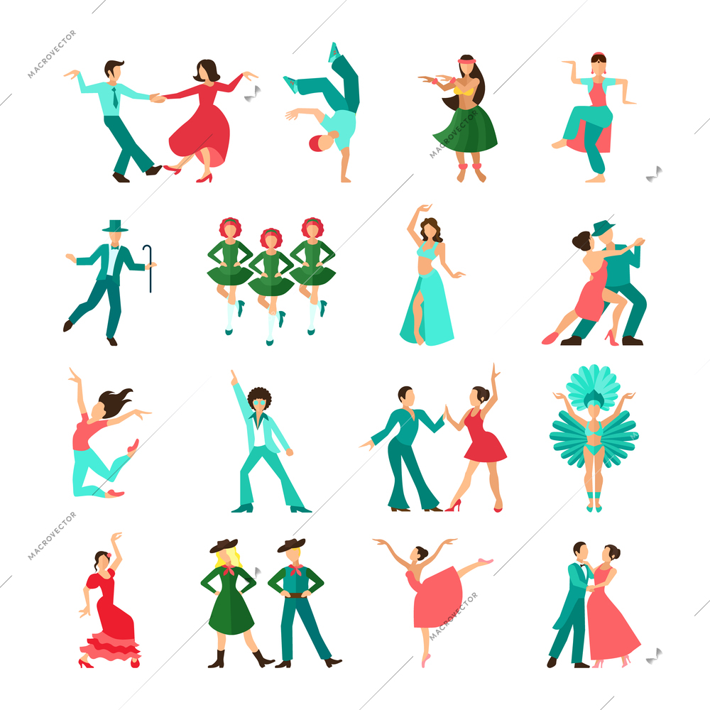Various style dancing men solo and pairs flat icons isolated vector illustration