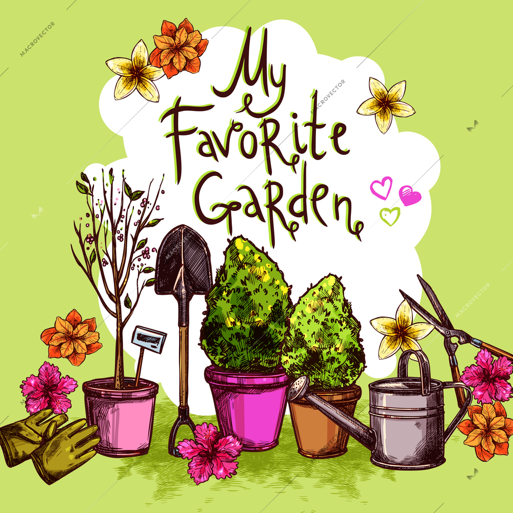 Garden sketch set with seedling equipment and plants and flowers in pots vector illustration