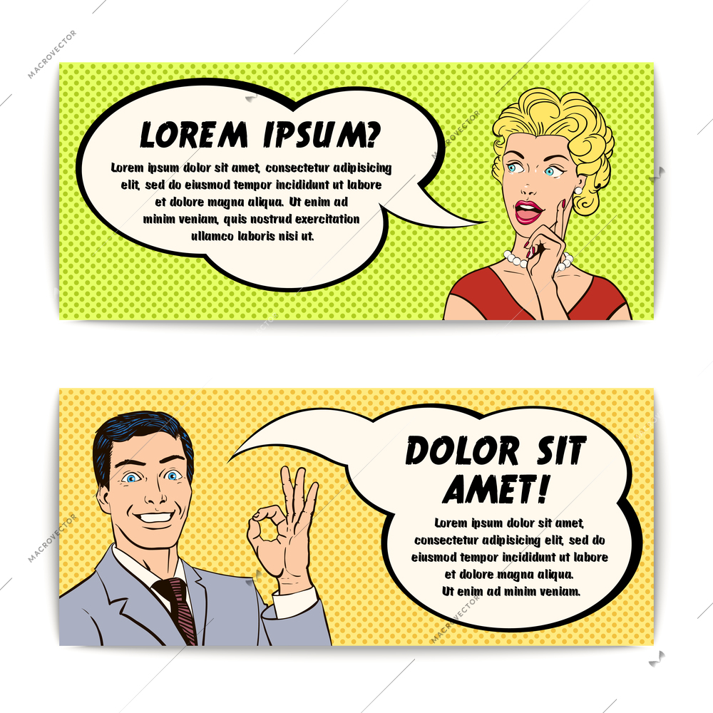 Comics smiling man and woman with message bubble color vintage horizontal banner set isolated vector illustration