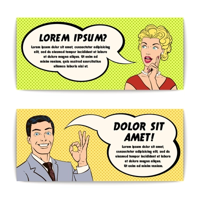 Comics smiling man and woman with message bubble color vintage horizontal banner set isolated vector illustration