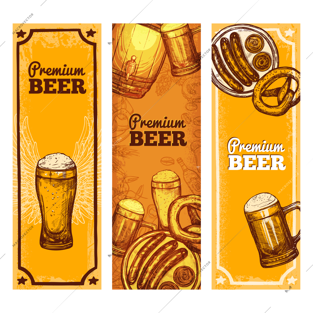 Beer banner vertical set with hand drawn drink glasses and snacks isolated vector illustration