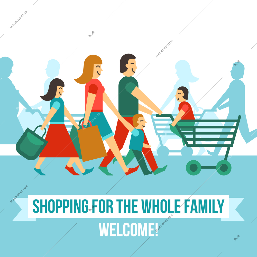 Shopping center concept with flat happy people silhouettes vector illustration