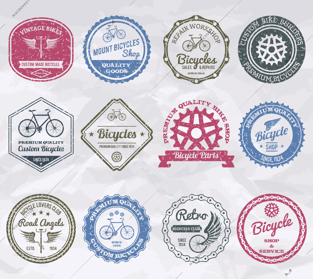 Cycling shop premium quality emblems stamps set isolated vector illustration