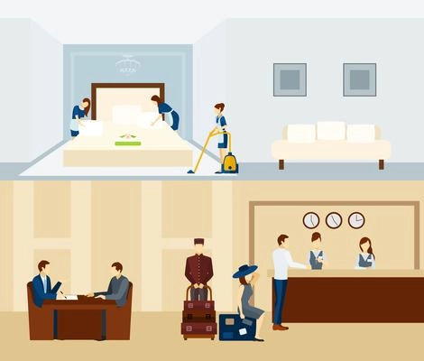 Hotel staff horizontal banner set with reception and room staff isolated vector illustration