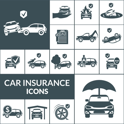 Car insurance and transportation accidents icons black set isolated vector illustration