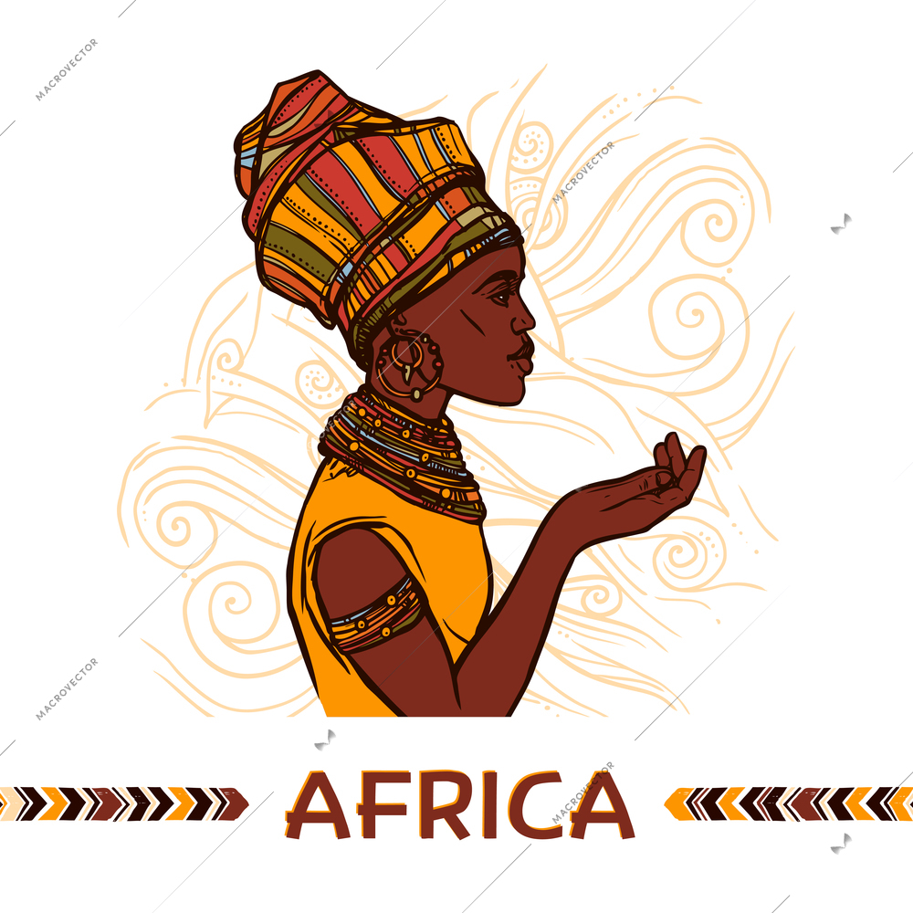 African woman sketch profile portrait on abstract ornamental background vector illustration