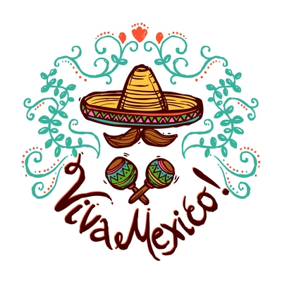 Mexico concept with sketch sombrero maracas and floral ornament vector illustration