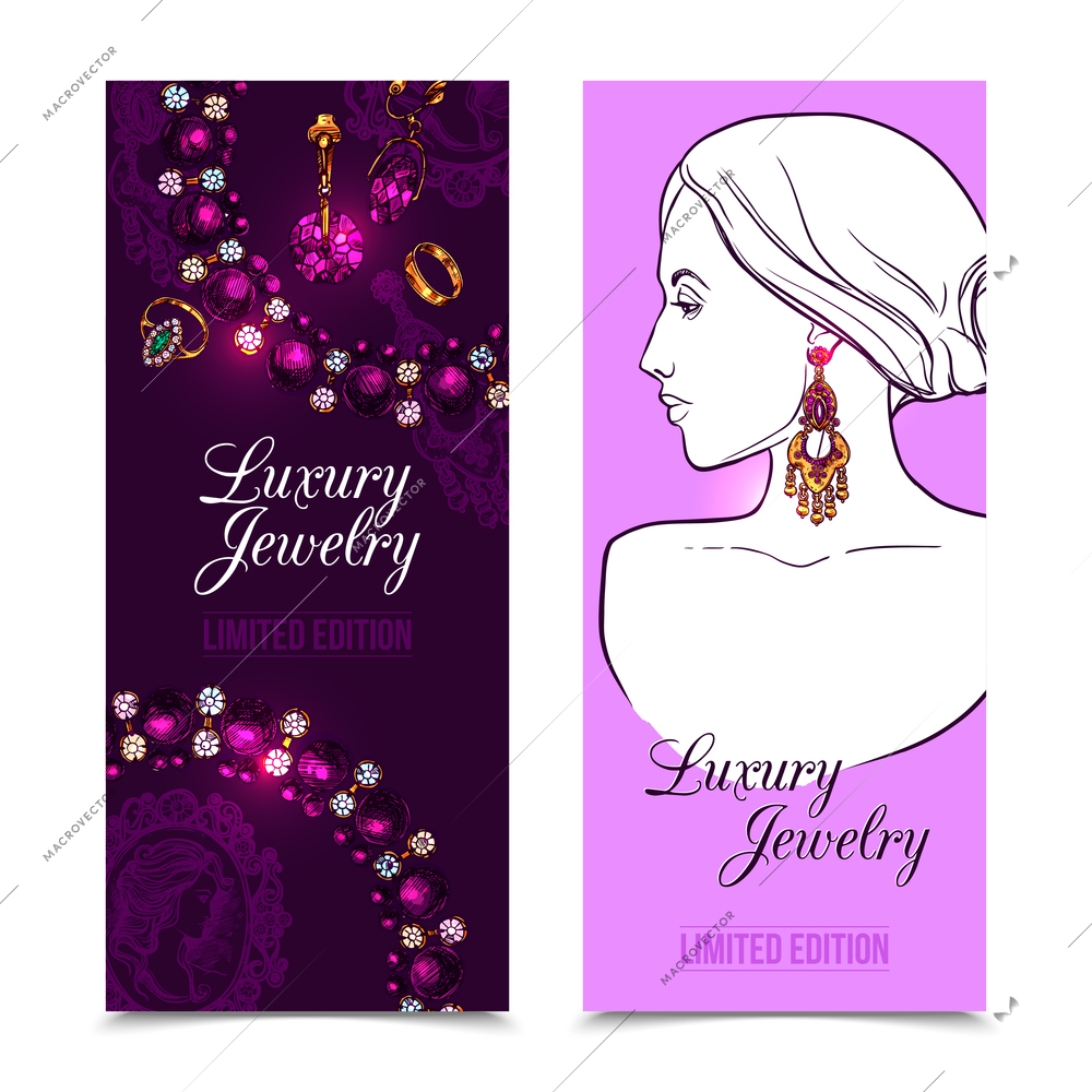 Jewelry vertical banner set with hand drawn female profile isolated vector illustration