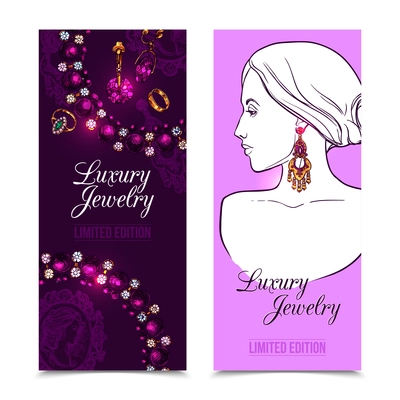 Jewelry vertical banner set with hand drawn female profile isolated vector illustration